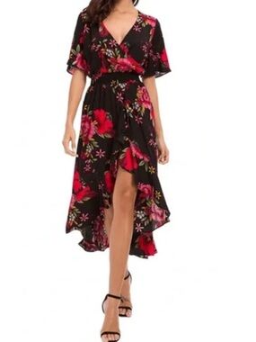 KorMei Black Floral Wrap Dress with Red & Pink Blooms Size Medium